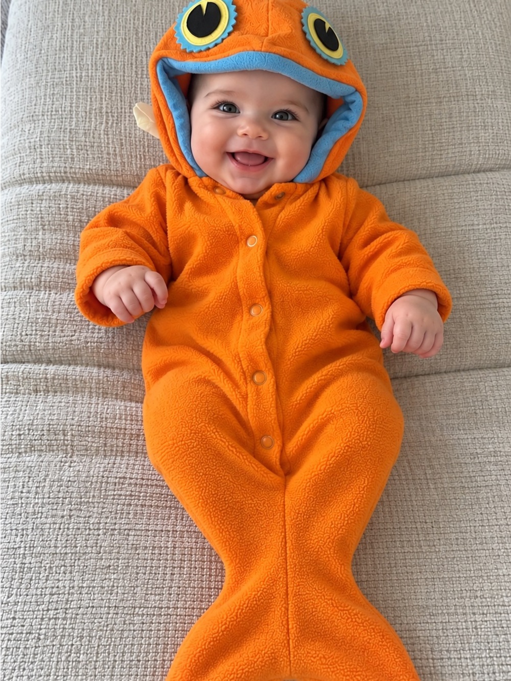 Pottery Barn Baby Gold Fish Hooded Footed One-Piece 0-6M